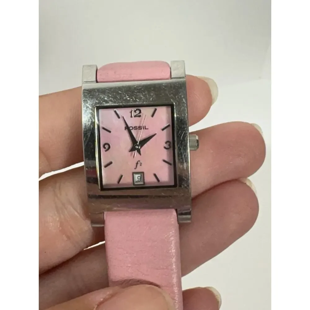 Fossil F2 Women's Watch ES-9757 Stainless Steel Watch Pink MOP Dial Leather Band